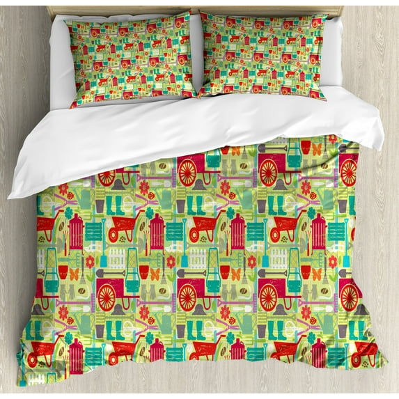 Garden Art Duvet Cover Set Queen Size, Colorful Grunge Painting Elements Seeds Flowers and Butterflies, Decorative 3 Piece Bedding Set with 2 Pillow Shams, Avocado Green Multicolor, by Ambesonne