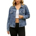 thumbnail image 1 of Chaqueta de mezclilla de manga larga con botones y perlas para mujer Inspire Chic, azul, primavera, 1 of 5