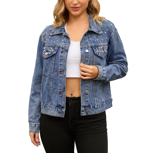 Chaqueta de mezclilla de manga larga con botones y perlas para mujer Inspire Chic, azul, primavera