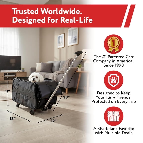 Pet Smart Cart, Medium, Black, Rolling Carrier with Wheels Soft-Sided Collapsible Folding Travel Bag, Dog Cat Airline Approved Tote Luggage Backpack