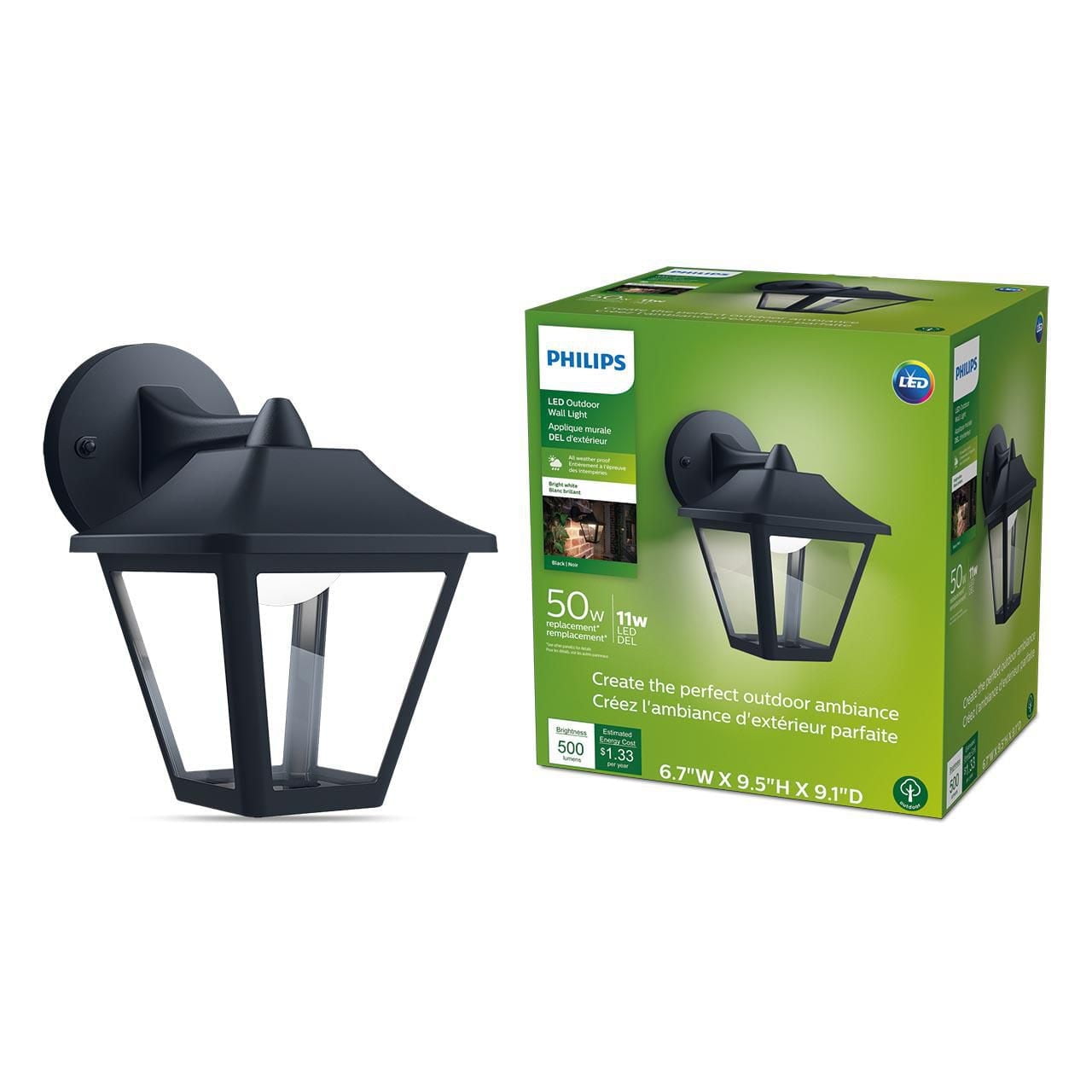 Philips Coach Outdoor Grande applique murale carrée câblée noire avec LED intégrée blanc brillant (3 000 K) (paquet de 1)