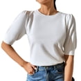 thumbnail image 1 of Camiseta de punto para mujer, mangas cortas abullonadas, puños ajustados, Top informal de verano de color puro para uso diario, blanco L, 1 of 6