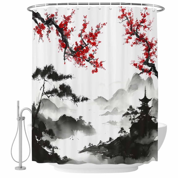 Red Plum Blossom Bathroom Shower Curtains with Hooks, Mountain Water Ink Painting Spring Waterproof Fabric Washable Shower Curtain for Home Hotel Bathtub Decor 36x72 Inch