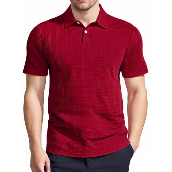 QTBIUQ Mens Lightweight Short Sleeve Shirt Collared Casual Plaid Texture Button Top Breathable Summer Casual Wear Burgundy