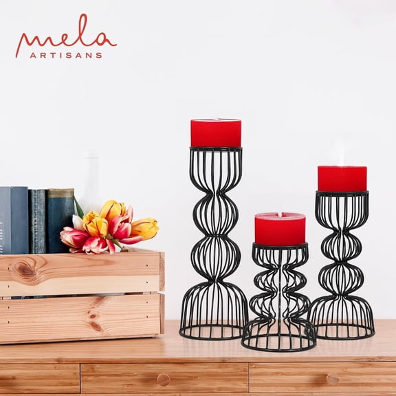 Mela Artisans Lainon Candle Holders for Pillar Candles Set of 3, Hand Crafted Black Metal Candle Holder Set, Black, 6" x 9" x 12"
