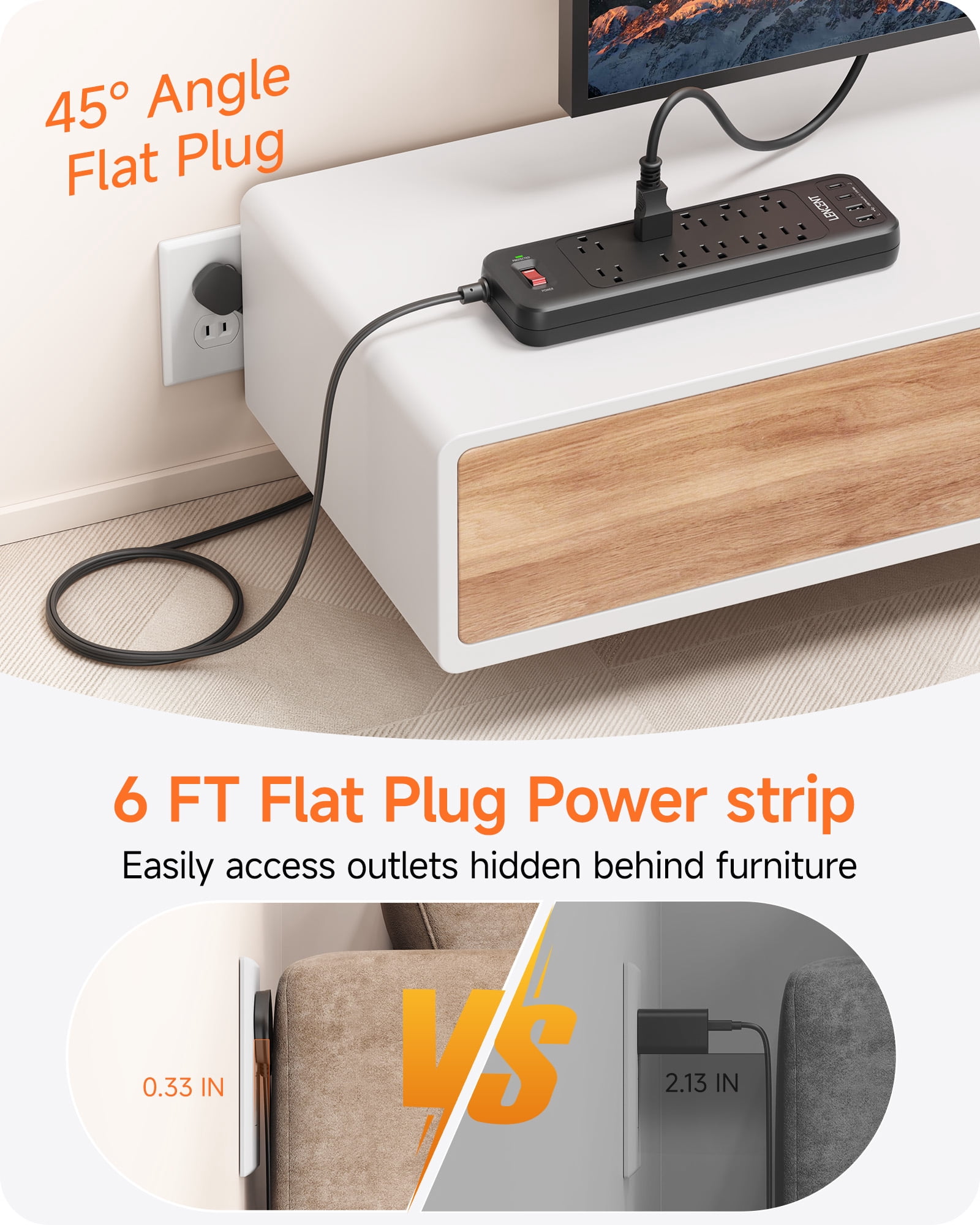 LENCENT Power Strip Surge Protector 2 Prong Extension Cords for Indoor 6ft, 2 to 3 Prong outlet plug Adapter,10 Outlets & 4 USB Ports, Wall Mountable, Ideal for Non-Grounded Outlets