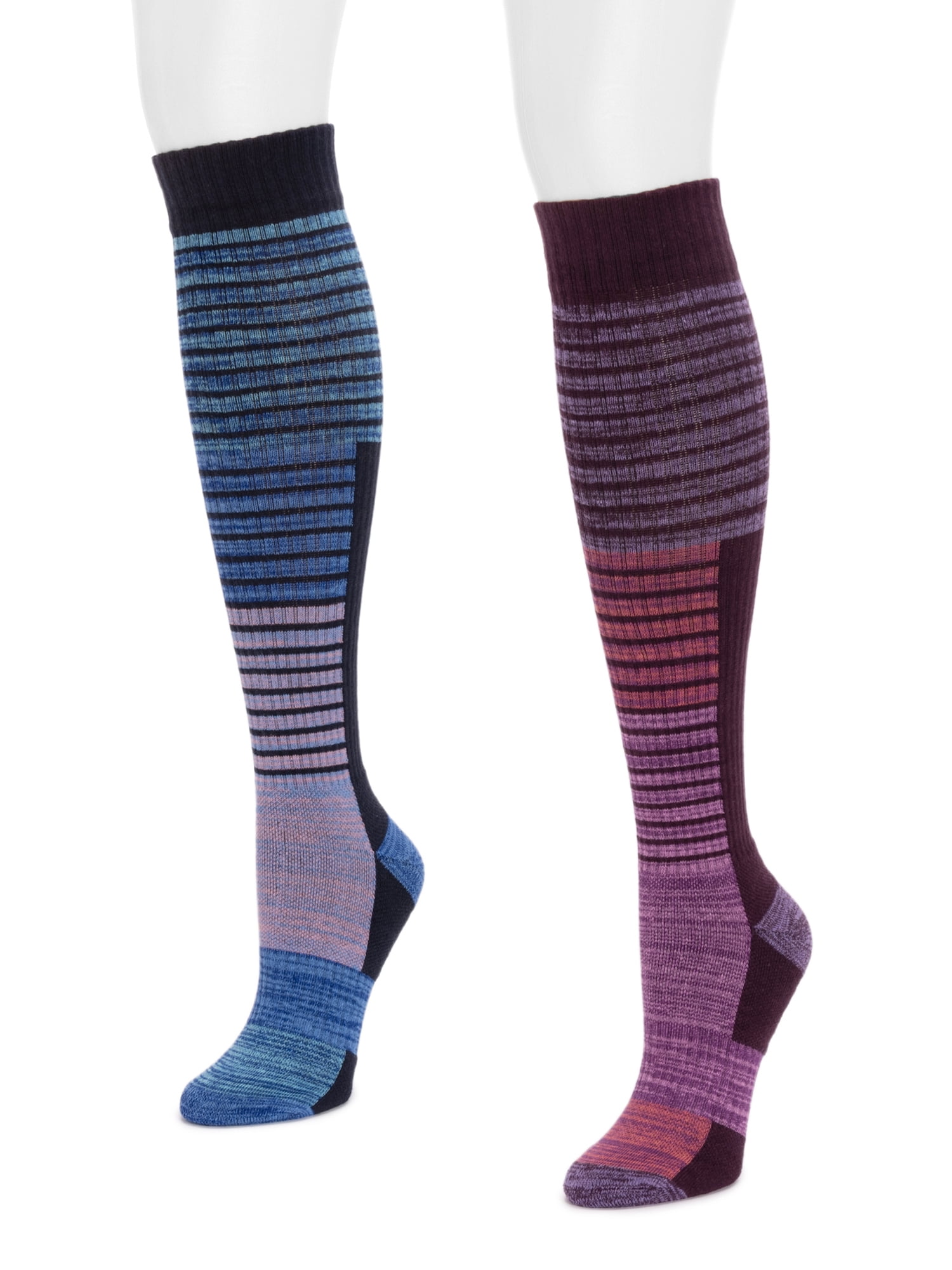 Muk Luks Women's Wide Width Cotton Knee-High Compression Socks, 2 Pair Pack, Purple, Shoe Size 6-10, Wide