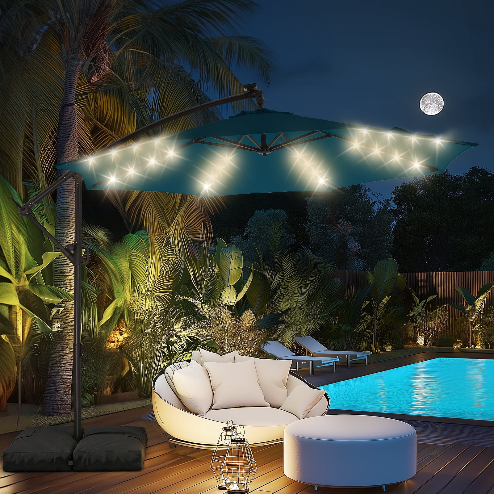Patbrela 10ft Offset Patio Umbrellas (Includes Base) Outdoor Cantilever Hanging Umbrella with Infinite Tilt, for Yard, Garden, Beach, Pool & Deck, Blue