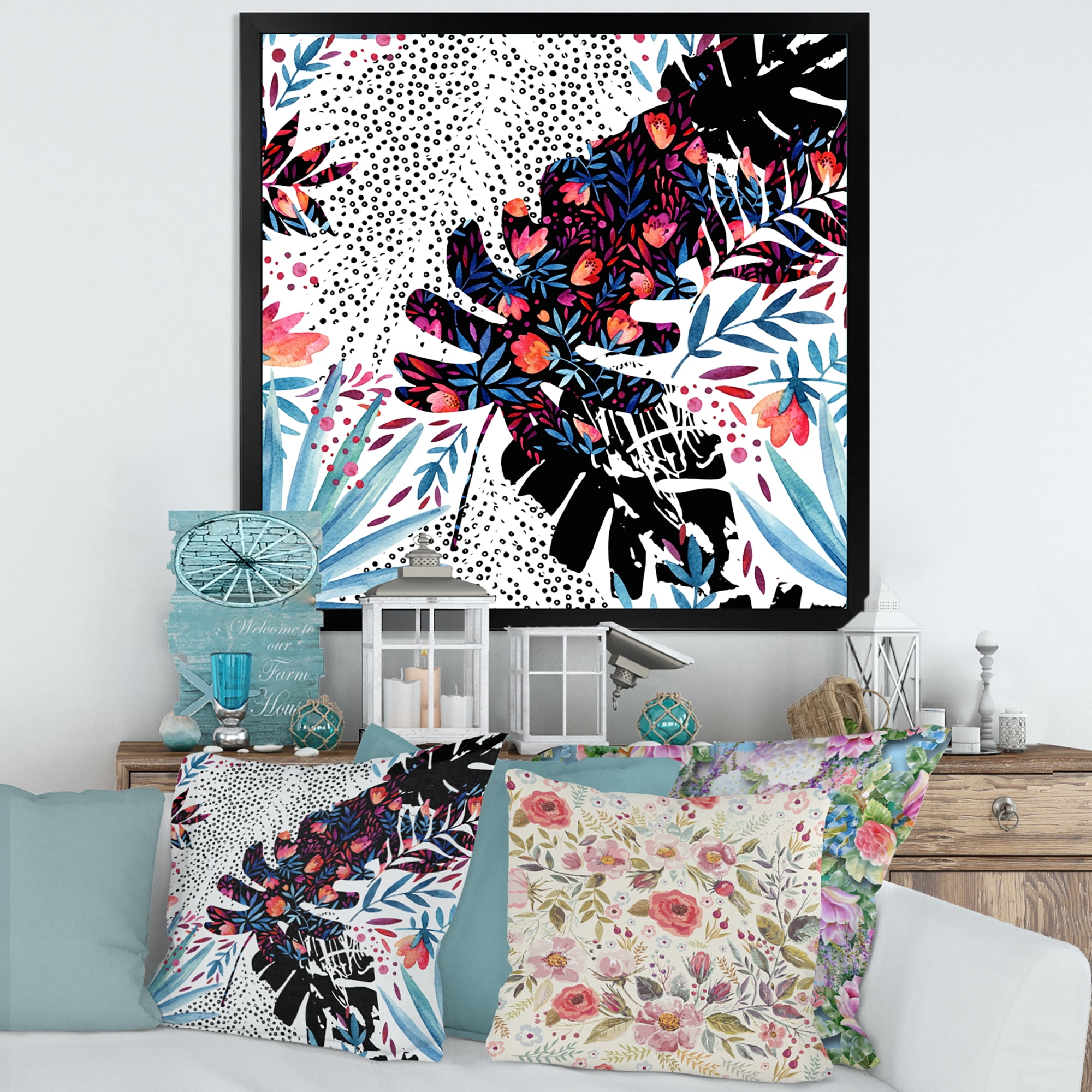 Designart 'Abstract Tropical Floral Patchwork I' Tropical Framed Art Print