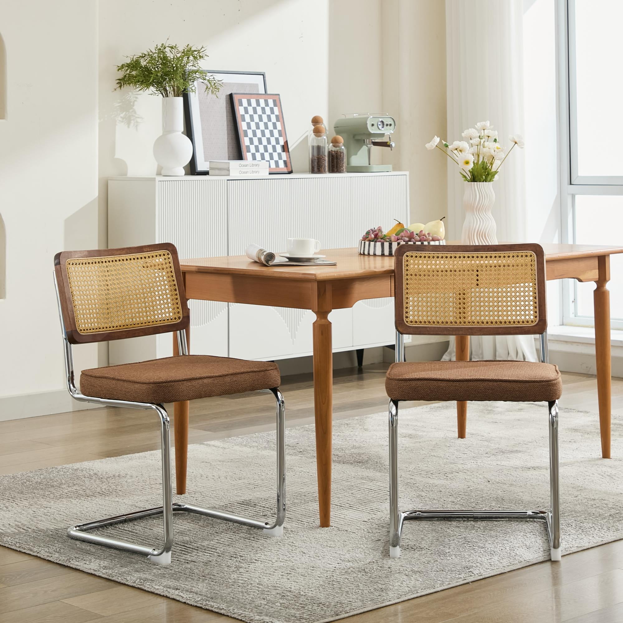 Aukfa Linen Dining Chair Set of 2, Cantilever Upholstered Kitchen Side Chairs Accent Chair with Rattan Back & Stainless Chrome BaseCoffee