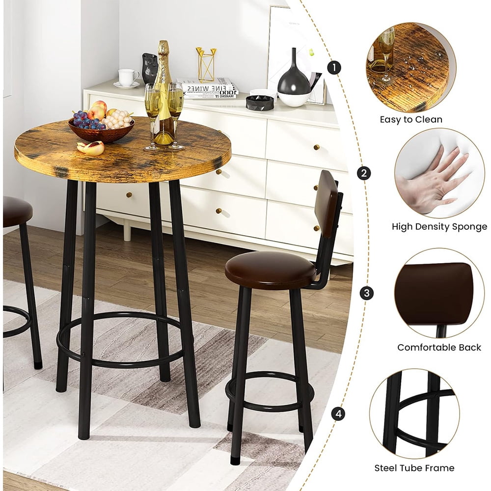 LinkRomat Dining Table Set for 2, Farmhouse Round Kitchen Table with 2 PU Leather Upholstered Stools, Dinette Set for Small Space for Dining Room