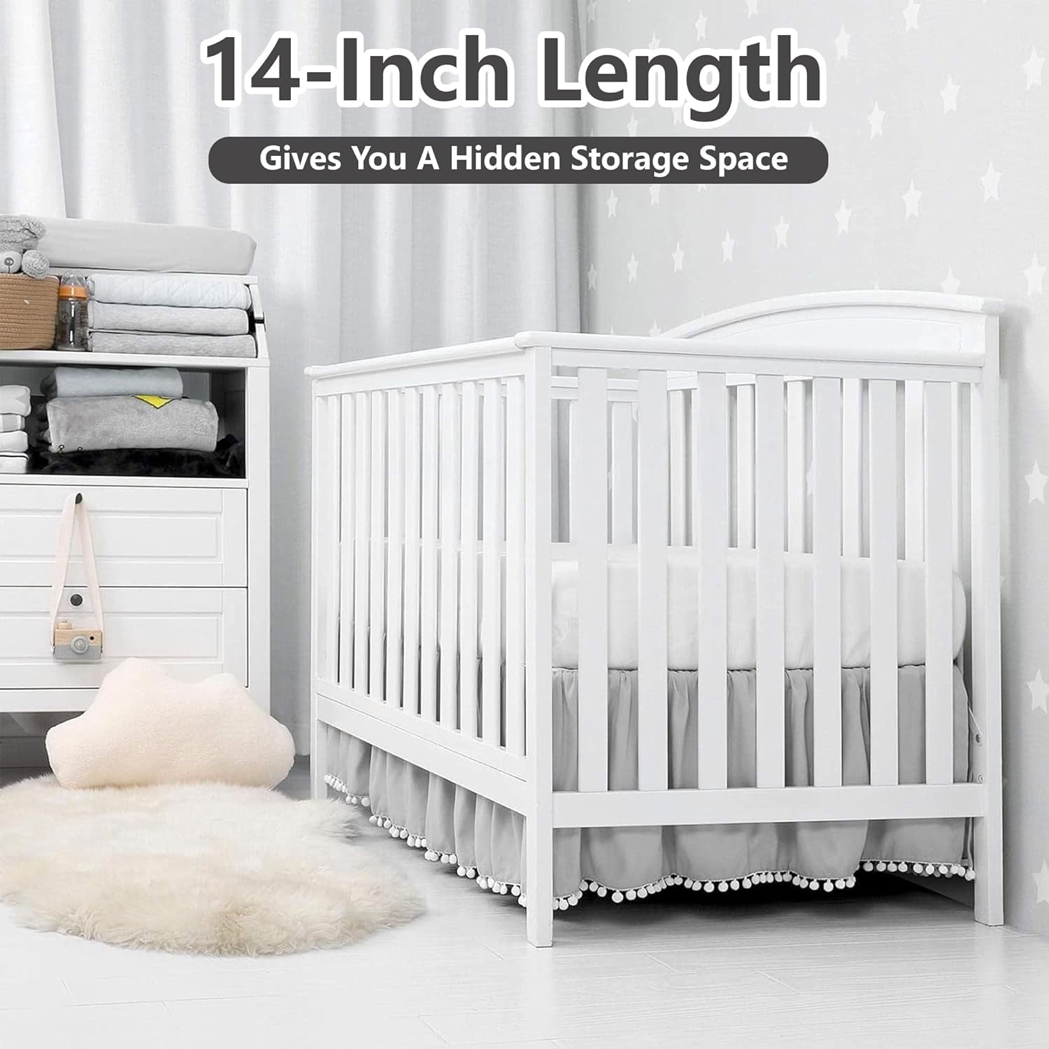 Ruffled Crib Skirt with Pompoms:Crib Bed Skirt with 14" Drop,Mini Crib Bedding Toddler Skirt,Baby Crib Accessories for Baby Boys Girls,28" X 52" (Gray)