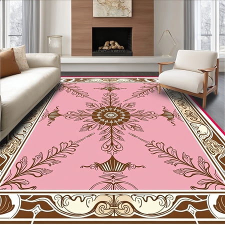 ODIKA 5'x7' Machine Washable Non-Slip Area Rug, Elegant Floral Damask Symmetrical Plaid Lattice Ornate High Traffic Rug, Pink, 663743