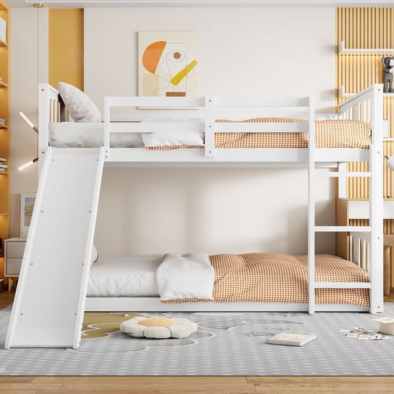 Twin Over Twin Bunk Bed with Slide, Solid Wood Low Bunk Bed with Ladder and Guardrail, Floor Bunk Bed Frame for Kids, No Box Spring Needed, White