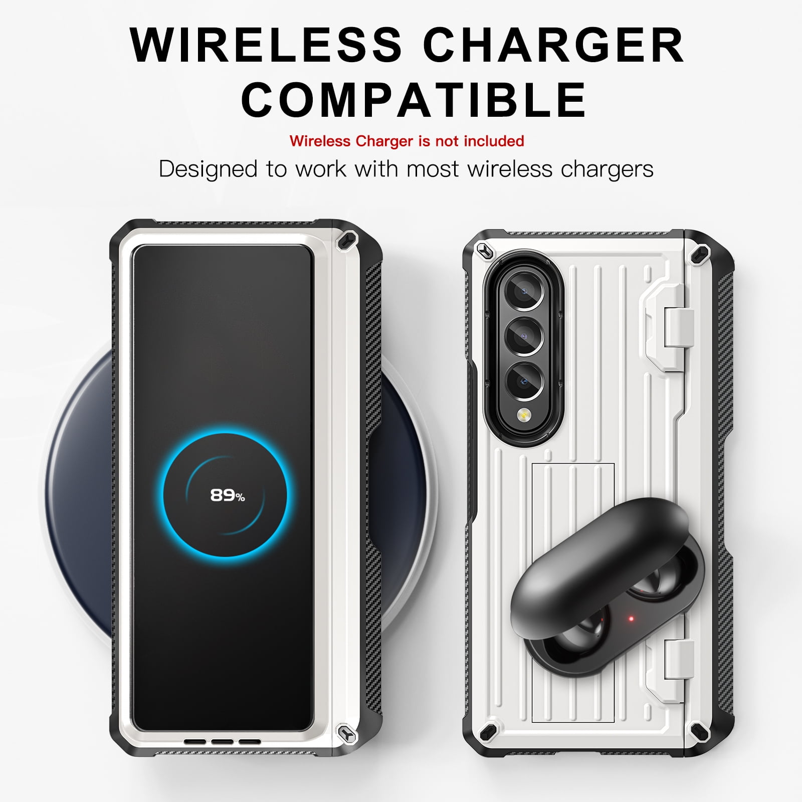 TECH CIRC Case for Samsung Galaxy Z Fold 3 Compatible with MagSafe, Heavy Duty Rugged PC Shockproof Hinge Protection Cover with Hidden Bracket Screen Protector S Pen Holder Galaxy Z Fold 3 Case,White