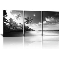 3 Panels Black and White Beach Canvas Wall Art Pictures Hawaii Troical Palm Tree Artork Sea Ocean Landscape Prints for Home Bathroom Bedroom Office Wall Decoration Framed Ready to Hang 12"x16"x3pcs