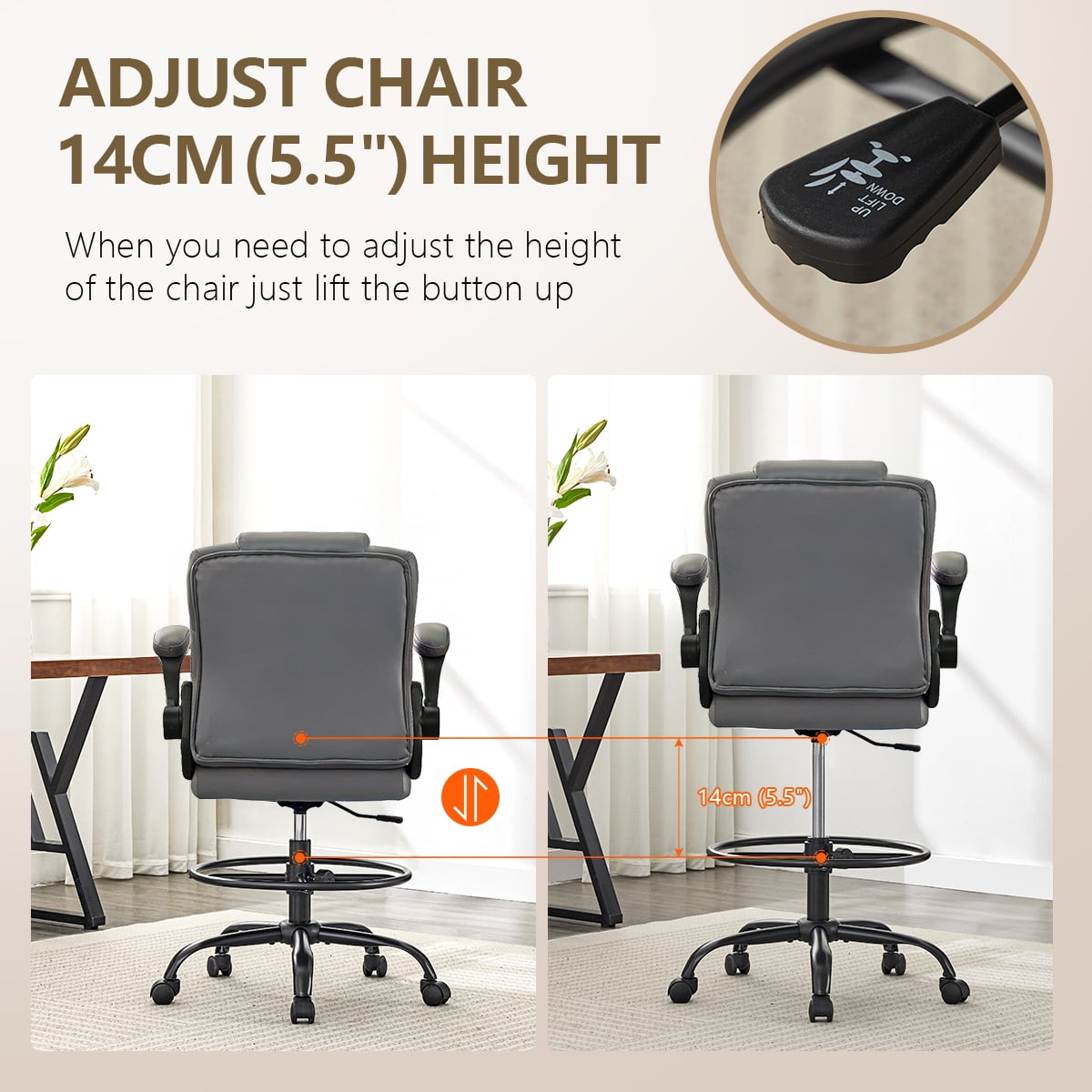 JONPONY 500 lbs Tall Office Chair with Flip-up Armrests for Standing Desk Executive Ergonomic Computer Leather Desk Chair with Lumbar Support, Adjustable Foot Ring for Home,GREY