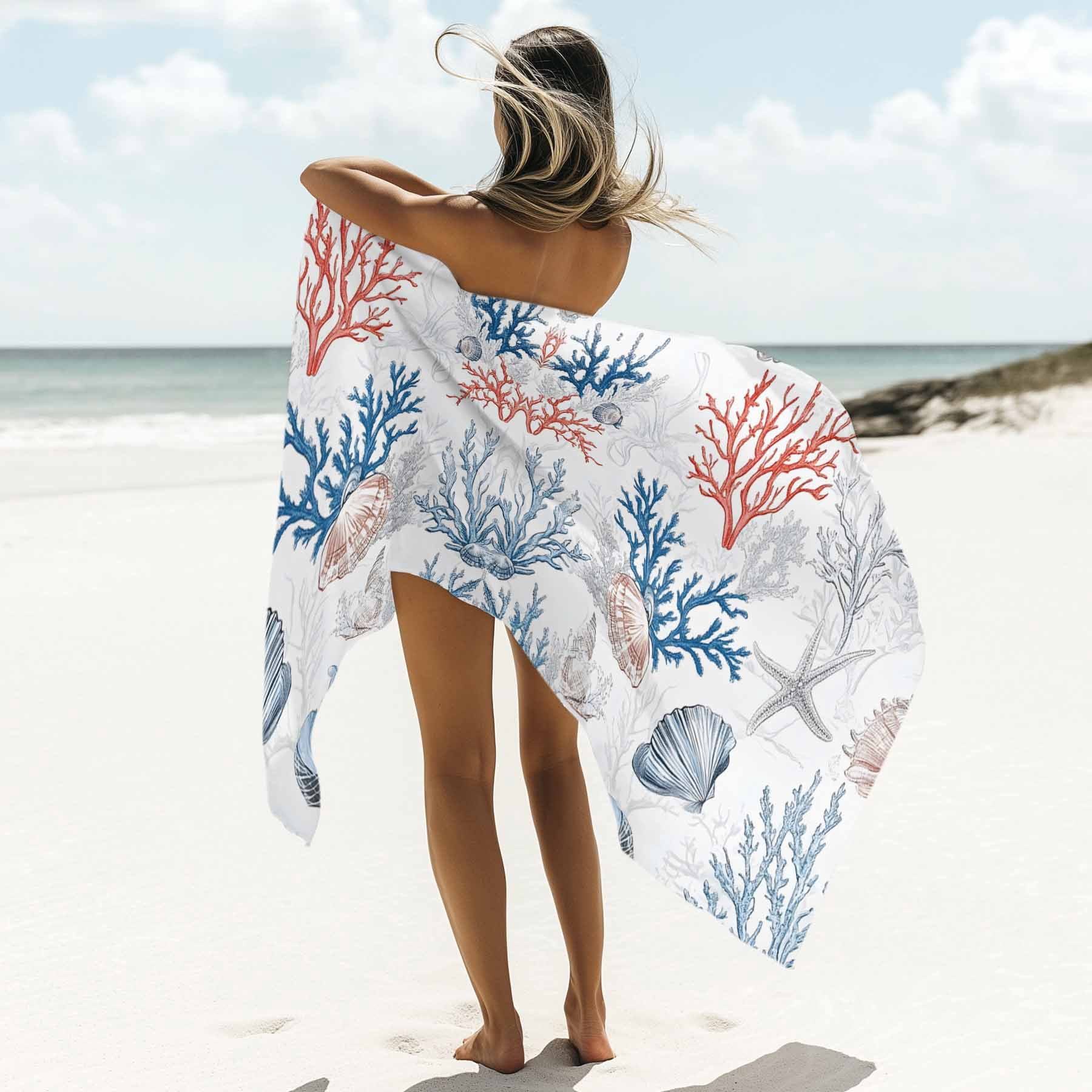 Coastal Nautical Beach Towels Blanket Soft&Absorbent Quick Dry Microfiber Ocean Coral Shell Pattern Pool Towels for Swimming ,Yoga, Sports, Gym, Camping,Large 35X70in, Blue Aqua