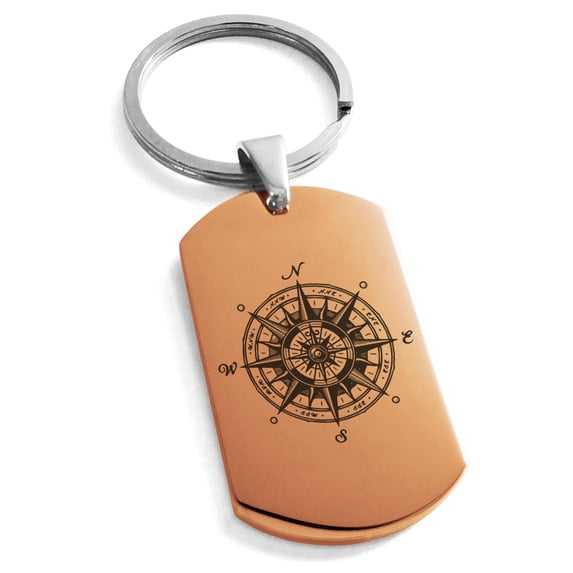 Stainless Steel Nautical Vintage Compass Engraved Dog Tag Keychain Keyring