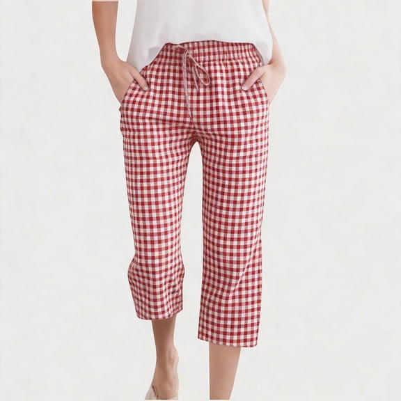 Gingham Plaid Pants for Women Elastic Drawstring Waist Straight Leg Trousers Lightweight Summer Beach Bottoms Casual Loose Fit Print Crop Pants