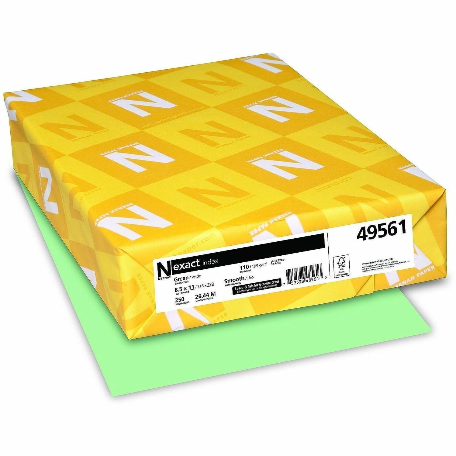 Neenah Paper 49561 110 lbs. Index Weight 8.5 in. x 11 in. Exact Index Card Stock - Green (250/Pack)