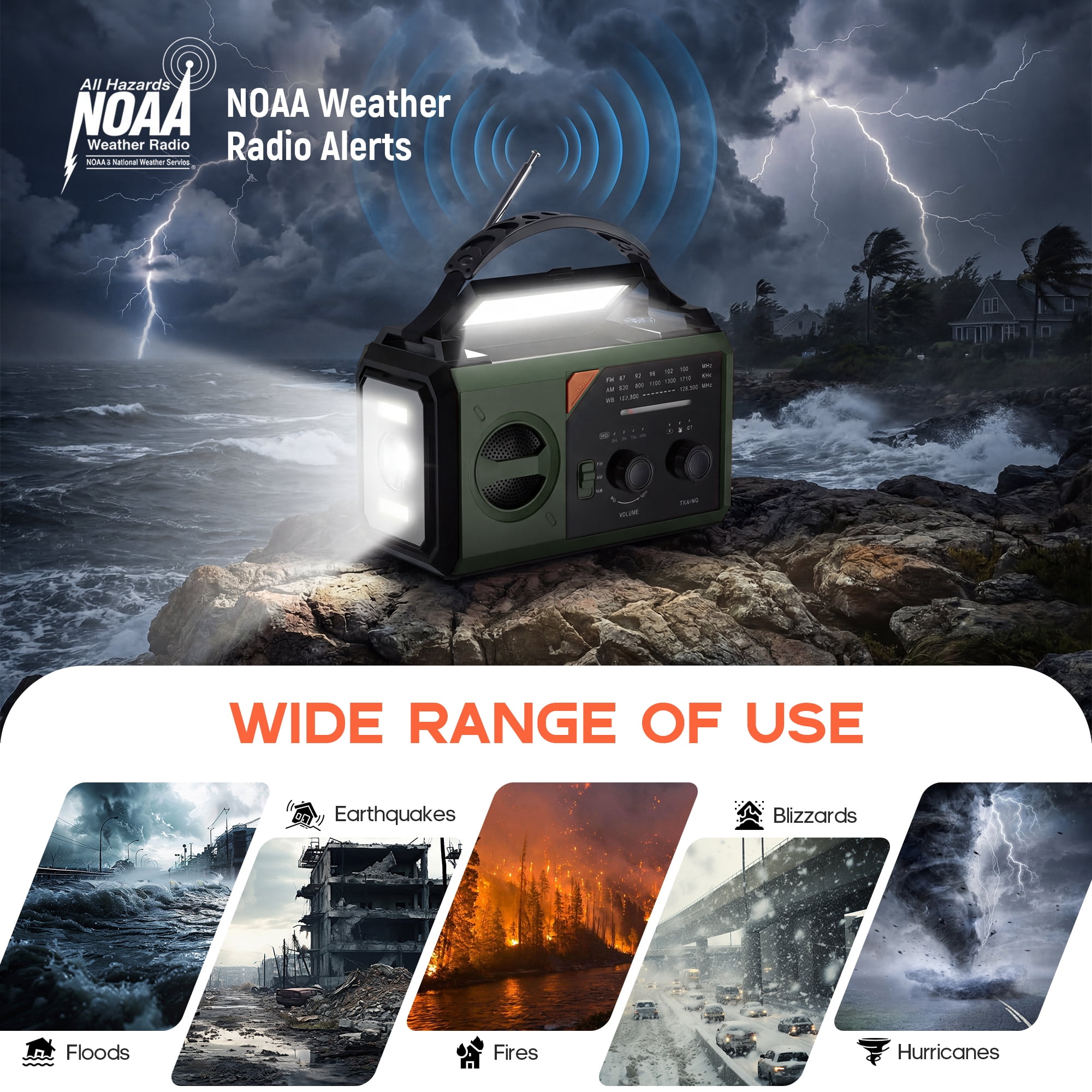 Biotree 30000mAh Weather Radio with NOAA 7-Band Alerts, Upgraded Emergency Radio with USB/Solar/Hand Crank Charging, Flashlight, SOS Alarm, Compass for Camping Hurricane Preparedness,Green