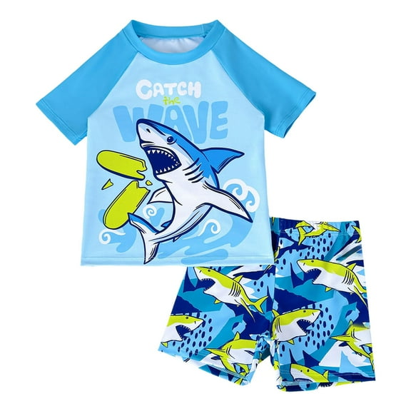 Baby Boys 2 Piece Swimsuit Short Sleeve Kids Swim Bathing Suit Set Toddler Rash Guard and Trunk Bottoms Summer Beach Swimwear 3-7 Years Blue