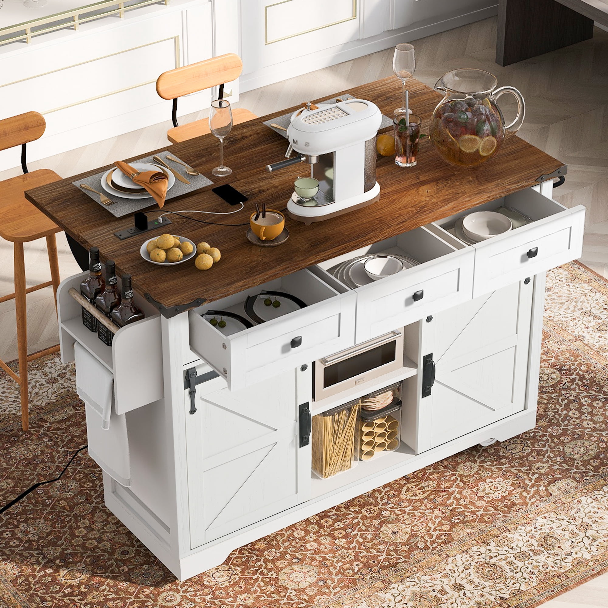 Mintazer 53.7" Farmhouse Kitchen Island with Power Outlet & Drop Leaf, Kitchen Storage Island with 2 Door & 3 Drawers, Spice Rack Rolling Kitchen Cart with Wheels&nbsp;for Home Kitchen, White