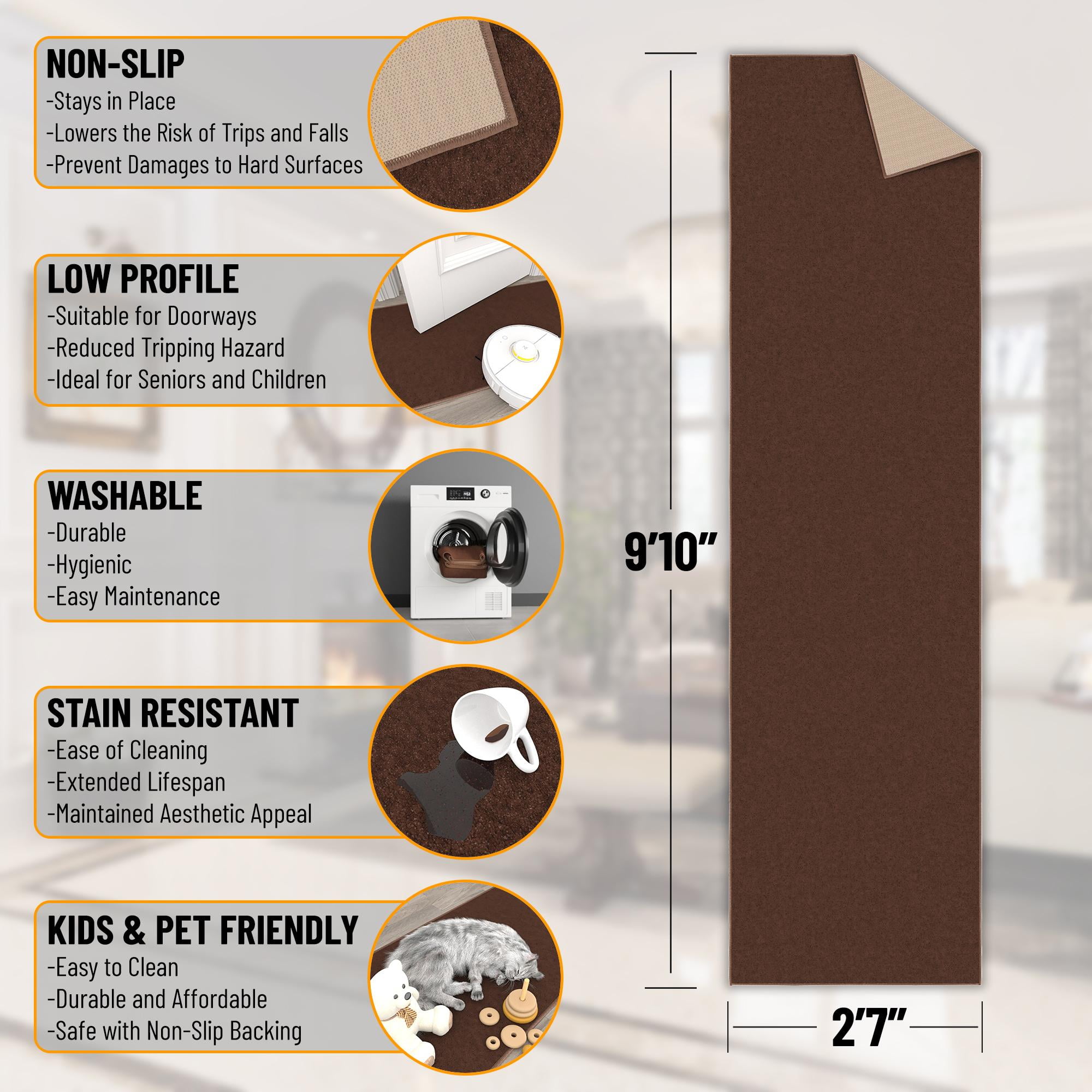 Ottomanson Solid Hallway Runner Rug 2'7" x 9'10" - Non Slip Low Pile Carpet, Brown
