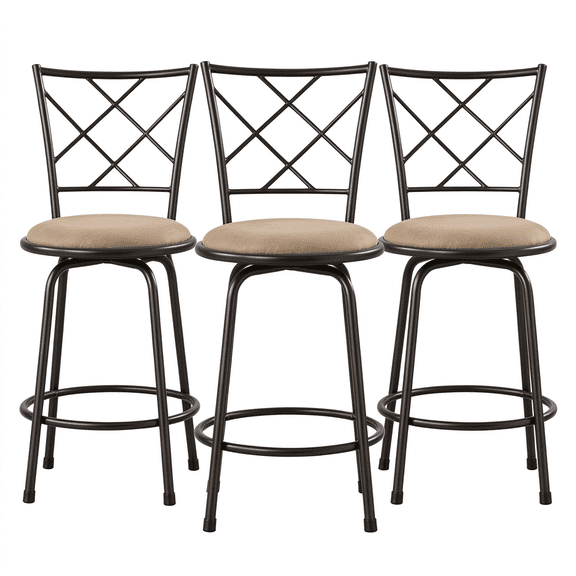 Set of 3 Convertible Chairs Swivel Counter Height, Pub Height Bar Stools Plush Rotating Seats Iron Frame Dark Brown Traditional Dining Furniture