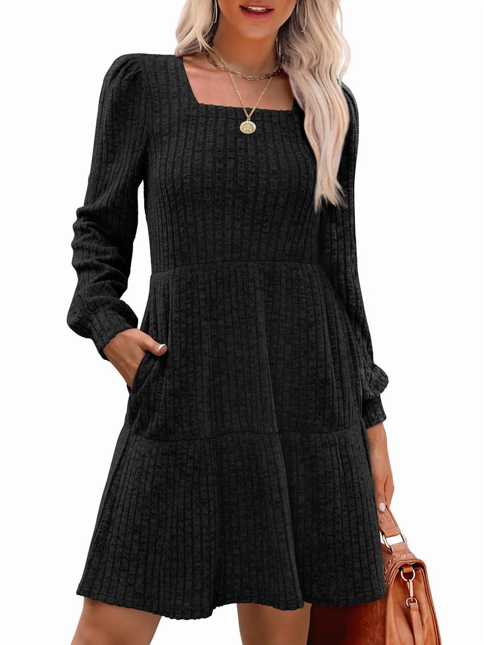 Womens Square Neck Long Sleeve Fall Dresses Casual Babydoll Sweater Dress Black L