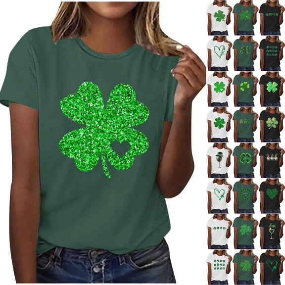 Womens St Patrick's Day T-Shirt Short Sleeve Crew Neck Cotton Shirt Irish Clover Shamrock Holiday Graphic Tee Tops