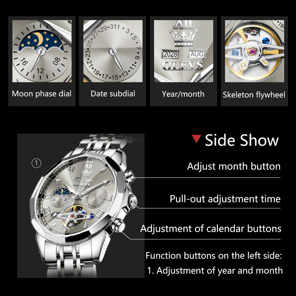 OLEVS Automatic Watches for Men Self Winding Mechanical Skeleton Luxury Dress Chronograph Gold Plated Stainless Steel Calendar Moon Phase Waterproof Luminous Mens Wrist Watches Reloj Para Hombre
