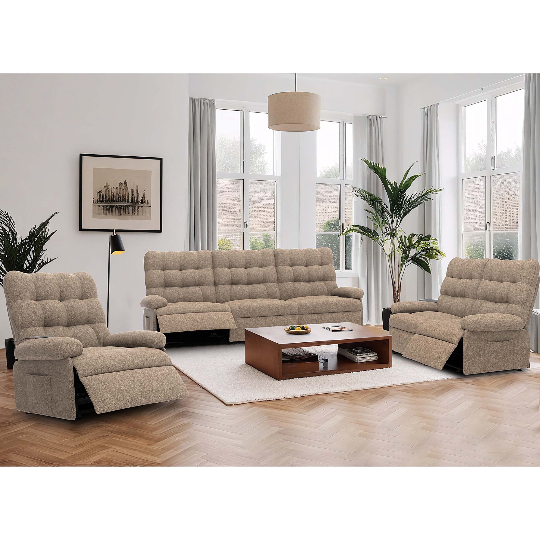 Recliner Sofa Couch Set, 3 Seat Electric Recliner with Remote Control and Side Pocket for Families and Friends, Modern Power Recliner Sofa for Living Room Home Theater, Deep Coffee