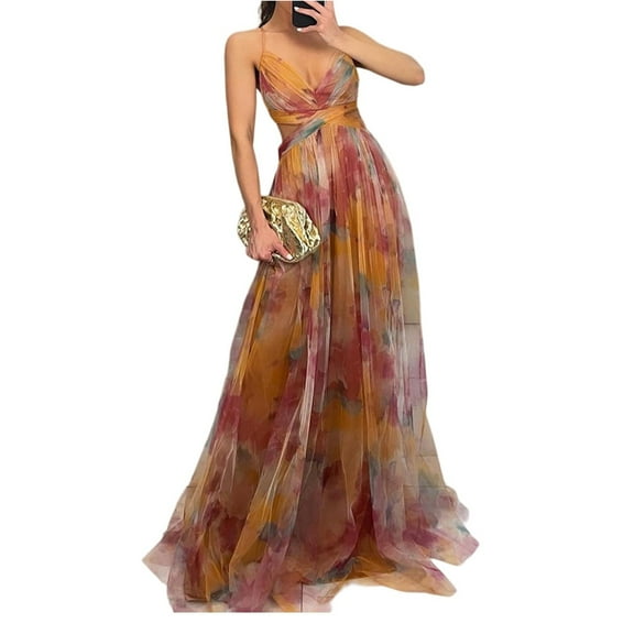Prdecexlu Women's Floral Tulle Wedding Guest Dress Spaghetti Straps V Neck A Line Formal Colorful Cocktail Maxi Dresses Saffron S