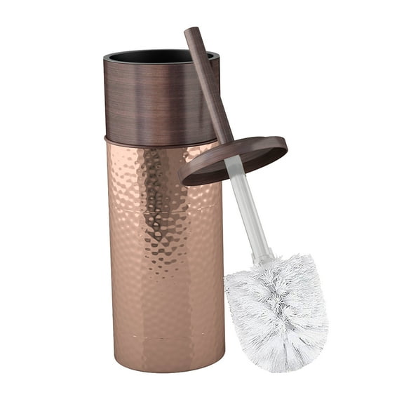 Slim Compact Stainless Steel Toilet Brush Holder For Bathroom Storage - Sturdy, Deep Cleaning, Metal in a Hammered Copper/Orb Finish combination.