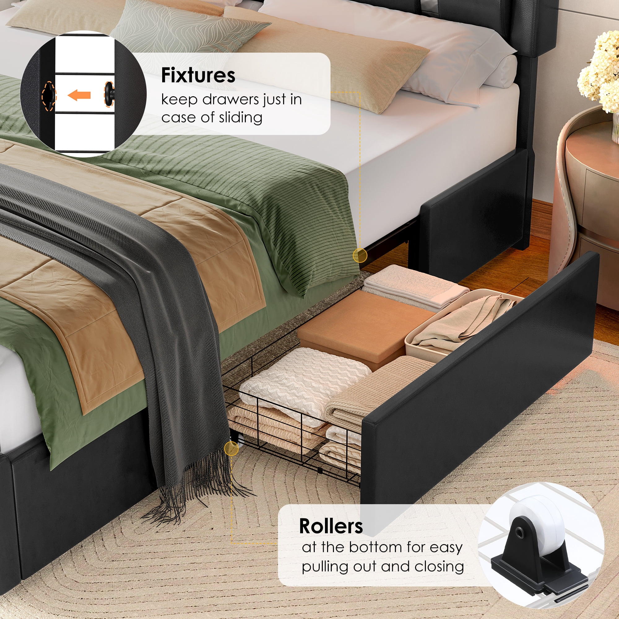 Homfa Full Bed Frame with LED Headboard & Charge Station & 2 Storage Drawers, PU Leather Upholstery Adjustable Platform Bed Frame, Black