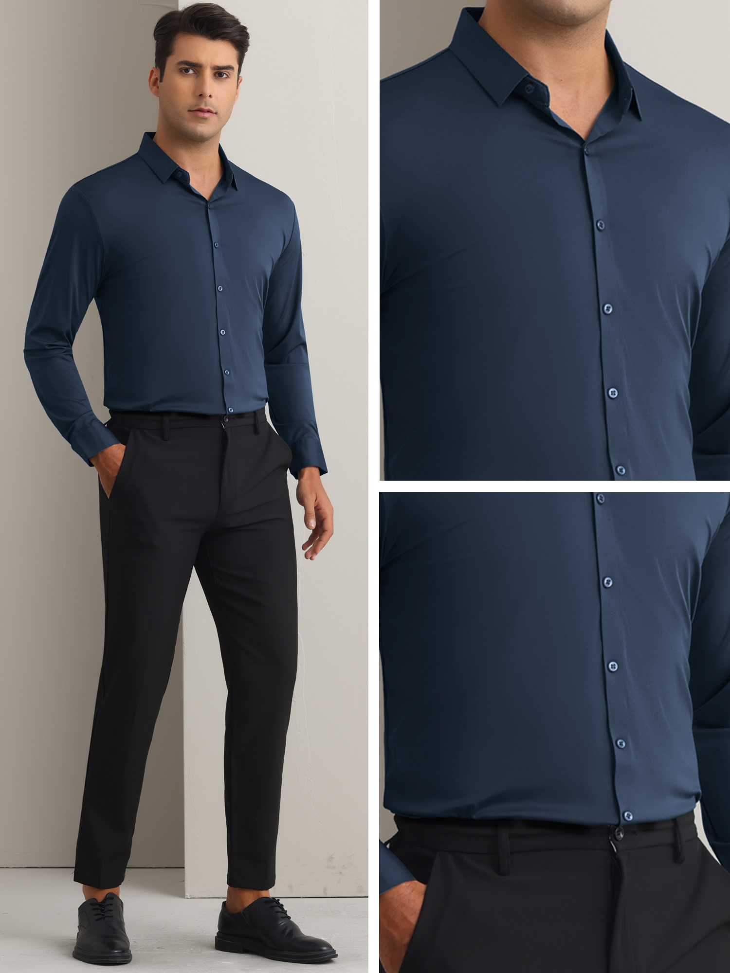 DARING DIVA Men's Soft Long Sleeve Button Down Business Formal Dress Shirt M Dark Blue