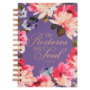 Christian Art Gifts Journal w/Scripture for Women He Restores My Soul Psalm 23:3 Bible Verse Pink Purple Floral 192 Ruled Pages, Large Hardcover Notebook, Wire Bound