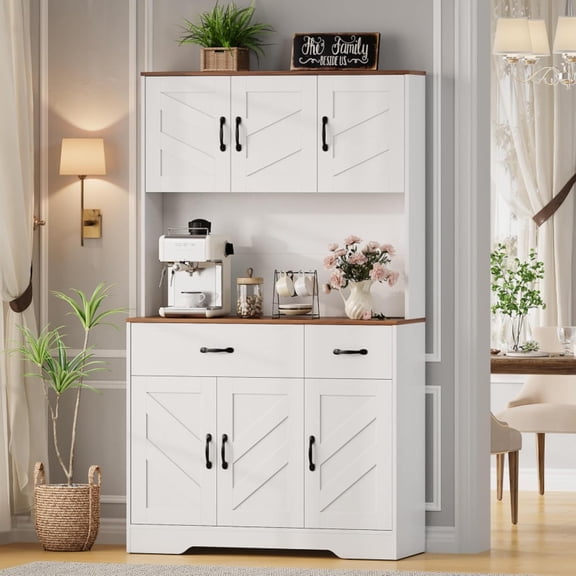 71" Kitchen Pantry Cabinet with Charging Station, Kitchen Hutch Storage Cabinet with Large Countertop & 2 Drawers, Wood Farmhouse Food Pantry Cabinet for Dining Room, Living Room, White