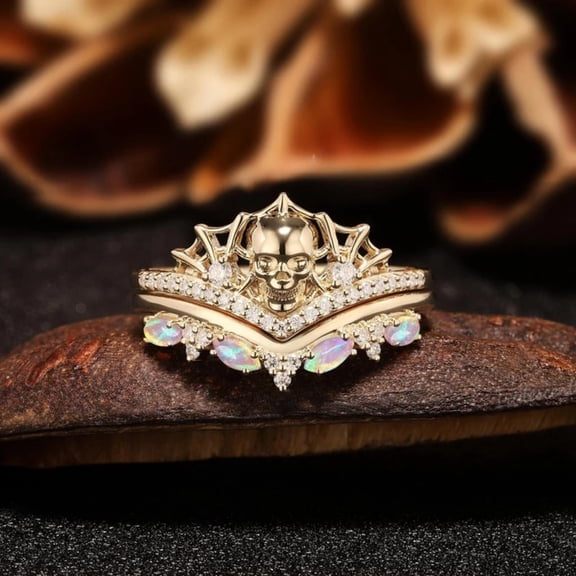 Gothic Skull Engagement Ring Set – Opal & Diamond Wedding Ring in 14K Yellow Gold Vermeil | Witchy Alternative Jewelry for Her