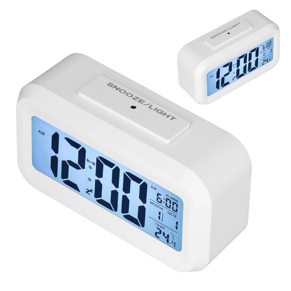 Alarm Clock, Photosensitive Portable Snooze Function LED Large Display LED Alarm Clock Electronic Night Light for Bedroom for Home for Office White,Black