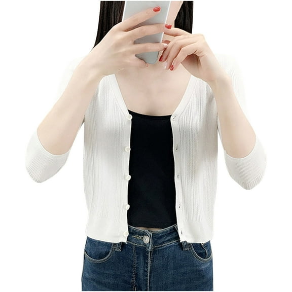 biudgviw Women's Cropped Cardigan 3/4 Sleeve Button V Neck Lightweight Sweater Soft Comfy Casual Fall Fashion Clothes