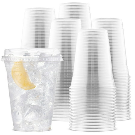 Large Party Plastic Cups with Strawless Sip Lids 16 oz 100 Count - Crystal Clear Disposable Party Cups
