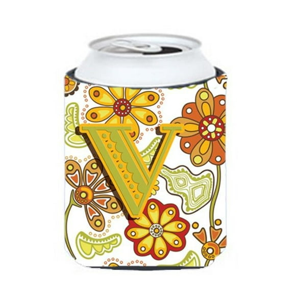 Letter V Floral Mustard And Green Can & Bottle Hugger
