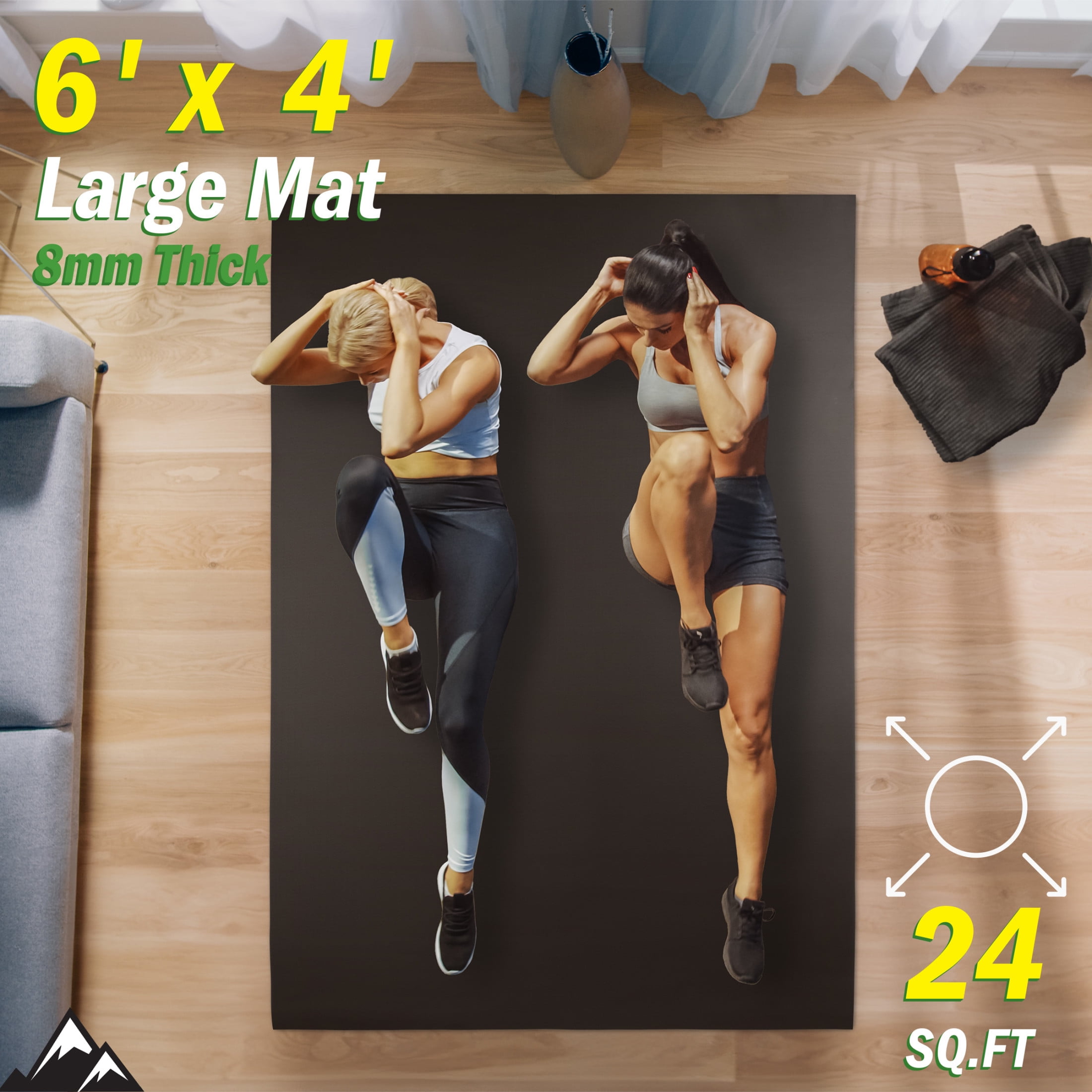 Wakeman Large Yoga Mat - 6’x4’ 8mm Thick Non-Slip Wide Exercise Mat, Black