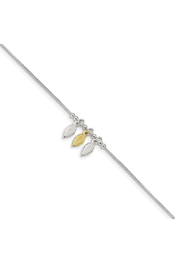 Sterling Silver & Gold-tone Polished Beaded Feather 9in w/1in Anklet (Weight: 2.39 Grams, Length: 9 Inches)