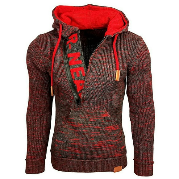 Men's Coats And Jackets Hooded Men's Sweater Hooded Pullover Sweatshirt Long Sleeve Knitted Jacket Red L JE