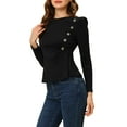 thumbnail image 4 of INSPIRE CHIC Women's Casual Round Neck Puff Long Sleeve Button Decor Peplum Blouse XS Black, 4 of 6