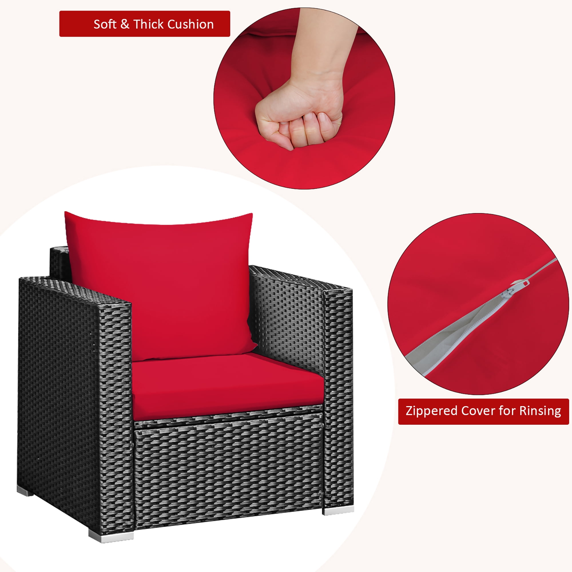 Costway 3PCS Patio Rattan Wicker Furniture Set Sofa Table W/Cushion Yard Red